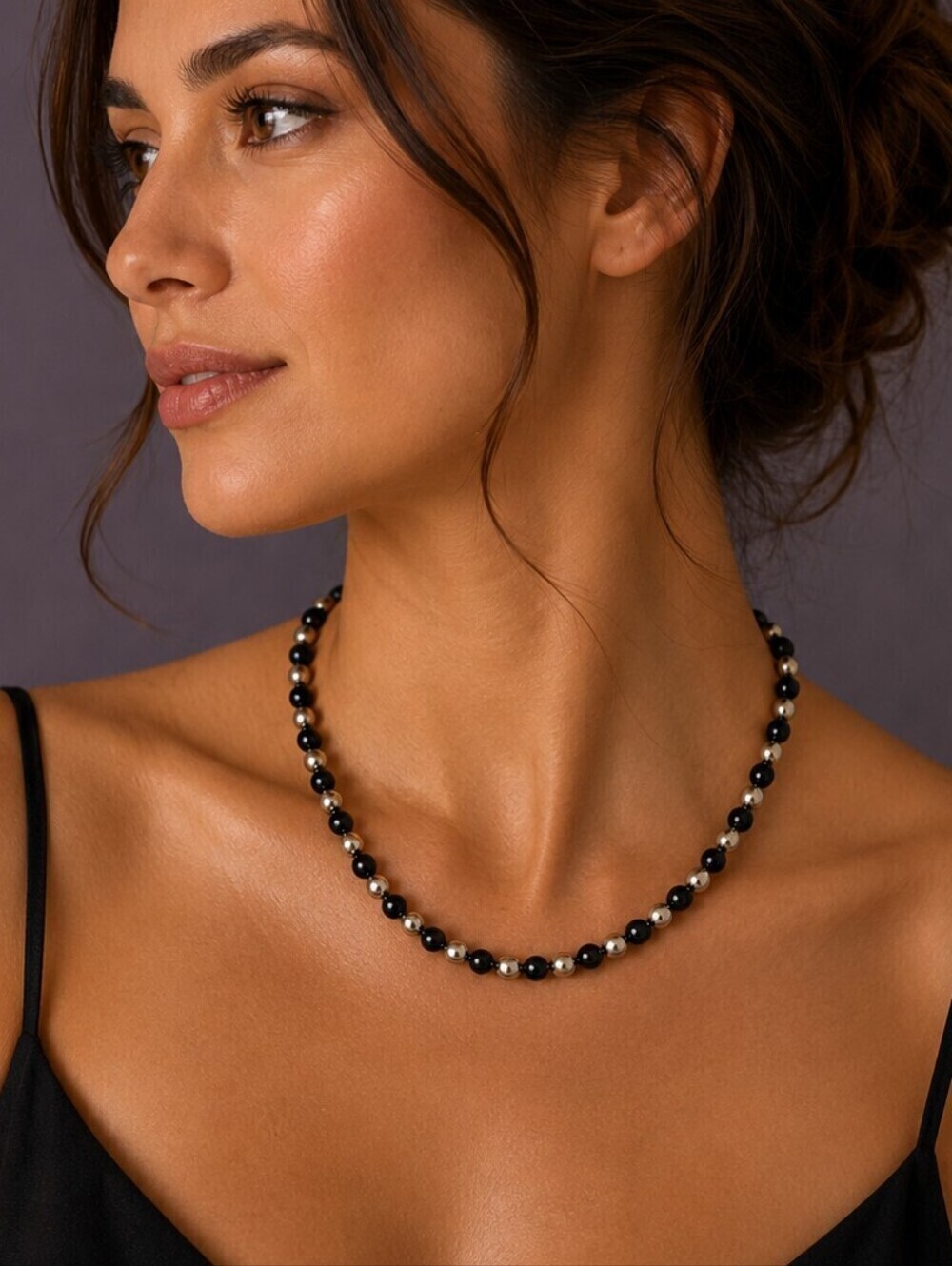 Vintage Black Onyx and Silver Beaded Unisex Necklace